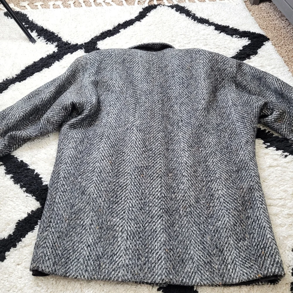 Vintage 80s wool leather tweed jacket coat oversized - Picture 5 of 16